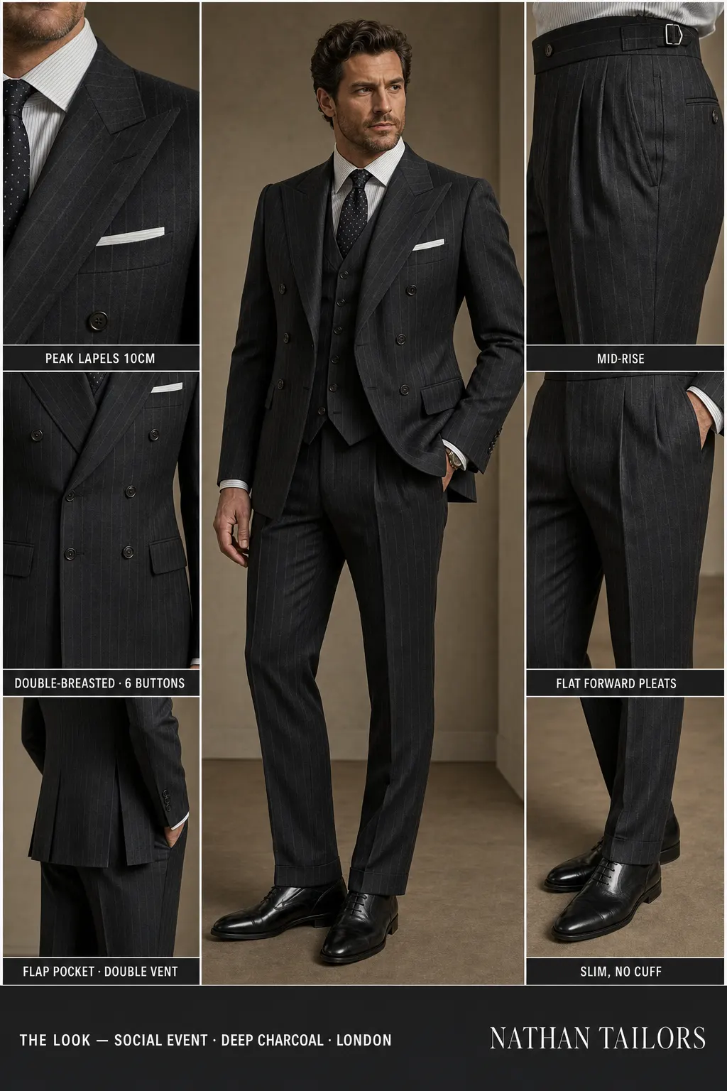deep charcoal pinstripe double-breasted peak-lapel bespoke suit โ AI-rendered by Nathan Tailors, the Hoi An custom tailor. Available as a custom tailored suit from $149.