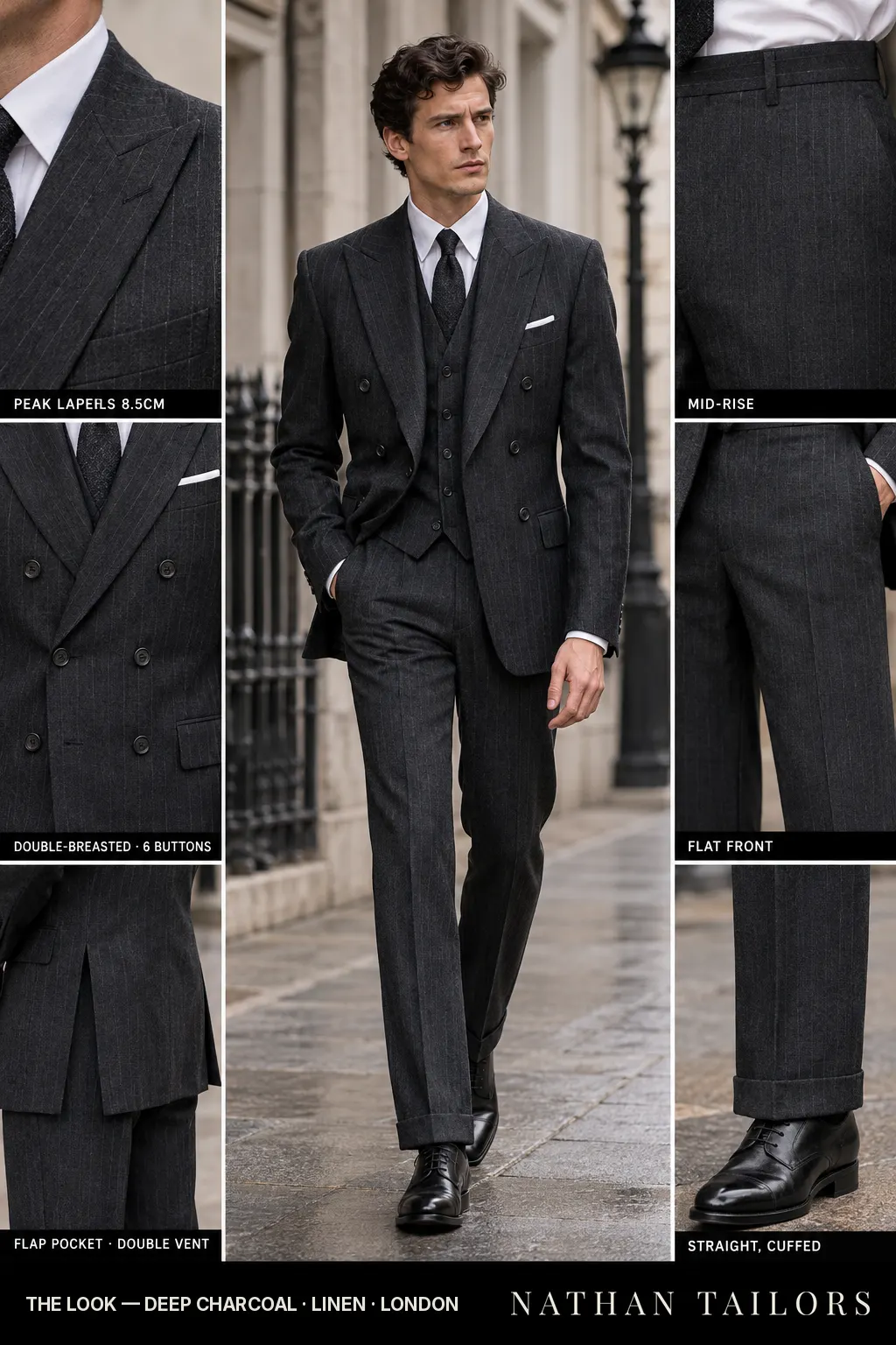 deep charcoal pinstripe double-breasted bespoke suit — custom tailored by Nathan Tailors, the Hoi An custom tailor