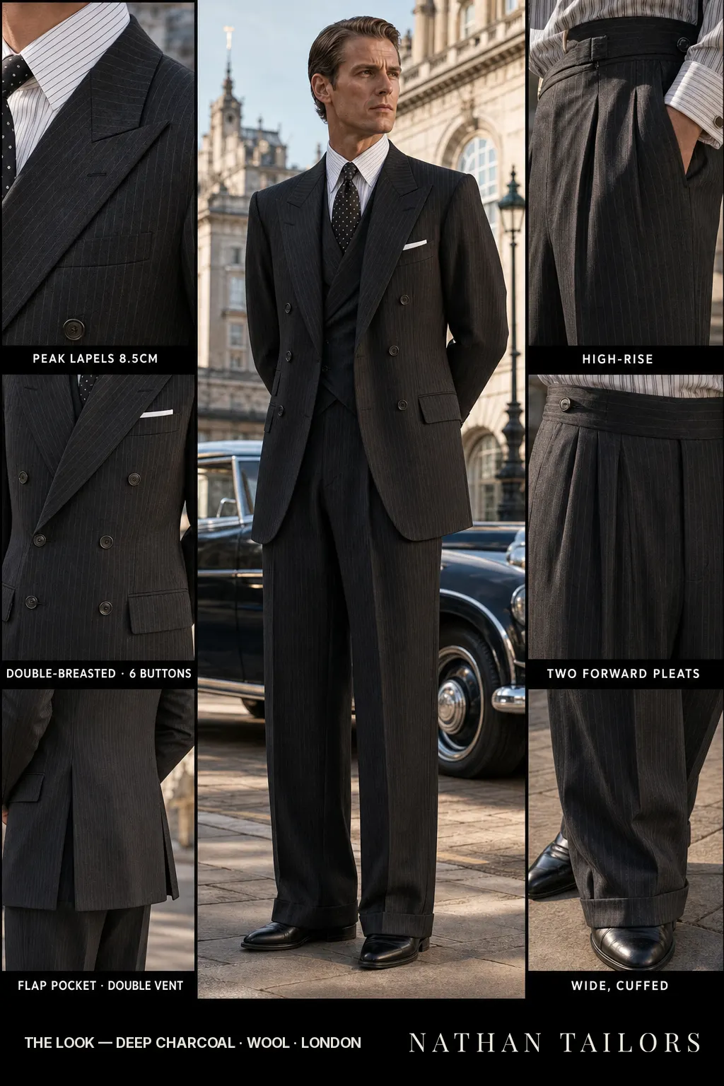 deep charcoal pinstripe double-breasted peak-lapel bespoke suit — AI-rendered by Nathan Tailors, the Hoi An custom tailor. Available as a custom tailored suit from $149.