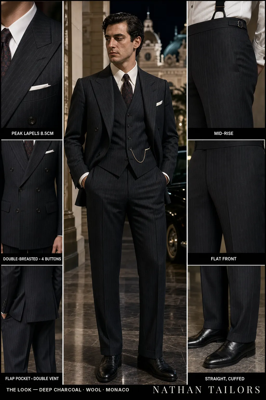 deep charcoal pinstripe double-breasted peak-lapel bespoke suit — AI-rendered by Nathan Tailors, the Hoi An custom tailor. Available as a custom tailored suit from $149.