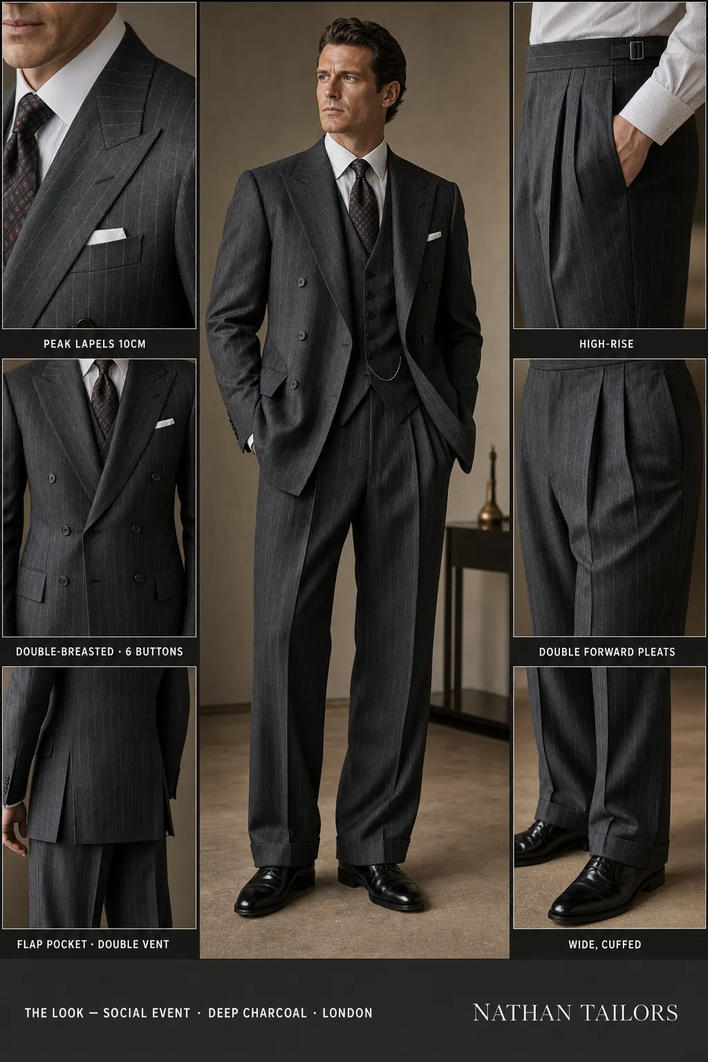 deep charcoal pinstripe double-breasted peak-lapel bespoke suit โ AI-rendered by Nathan Tailors, the Hoi An custom tailor. Available as a custom tailored suit from $149.