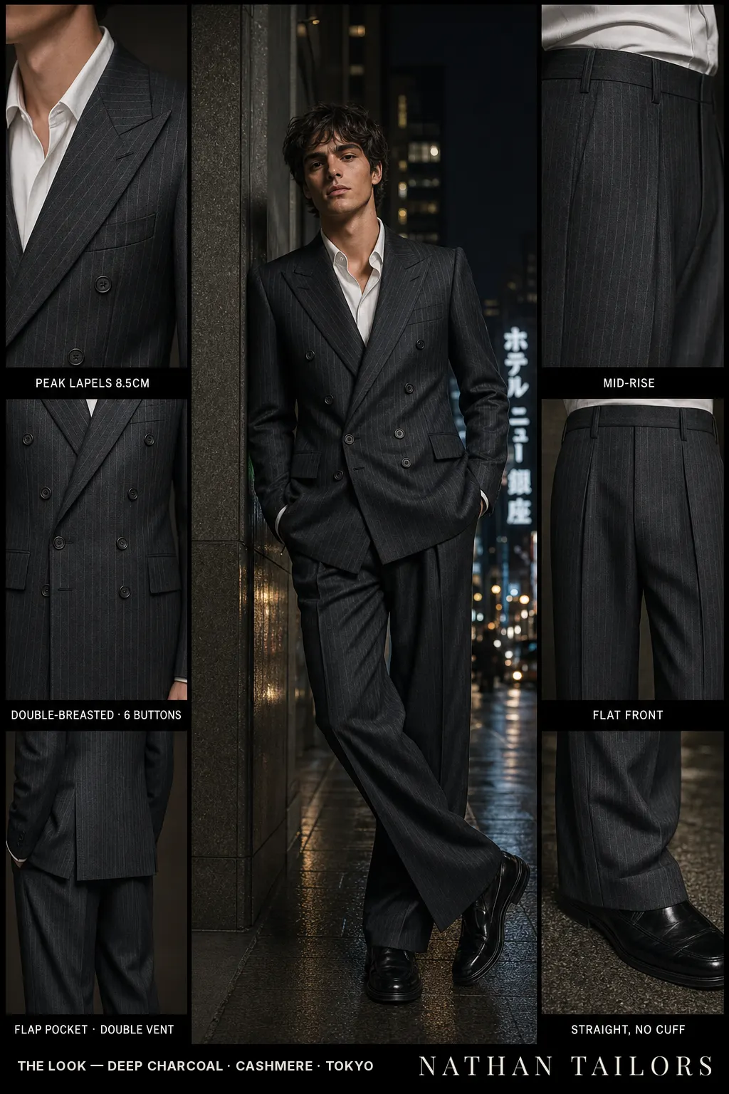 deep charcoal pinstripe double-breasted peak-lapel bespoke suit — AI-rendered by Nathan Tailors, the Hoi An custom tailor. Available as a custom tailored suit from $149.