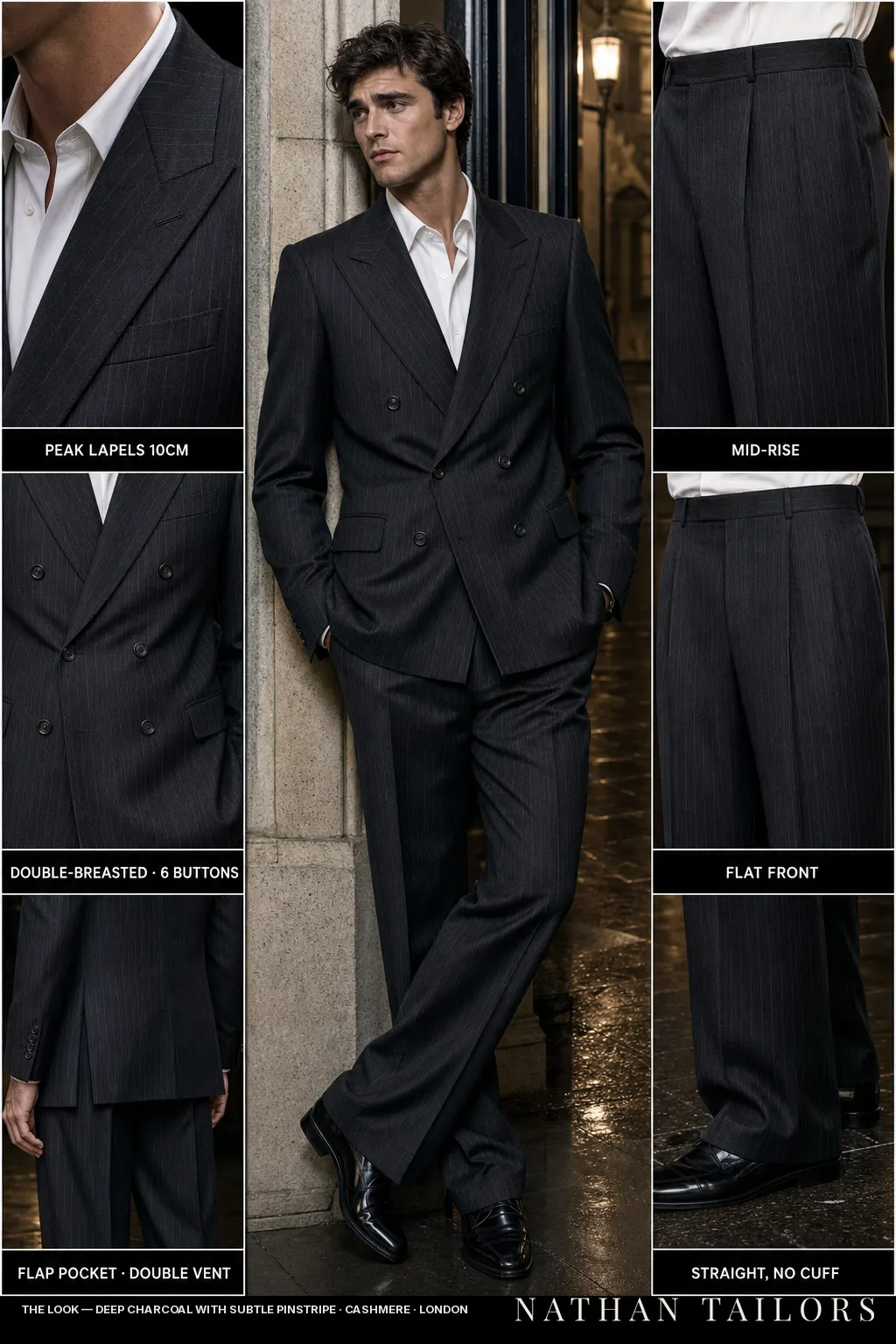 deep charcoal with subtle pinstripe pinstripe double-breasted bespoke suit โ custom tailored by Nathan Tailors, the Hoi An custom tailor