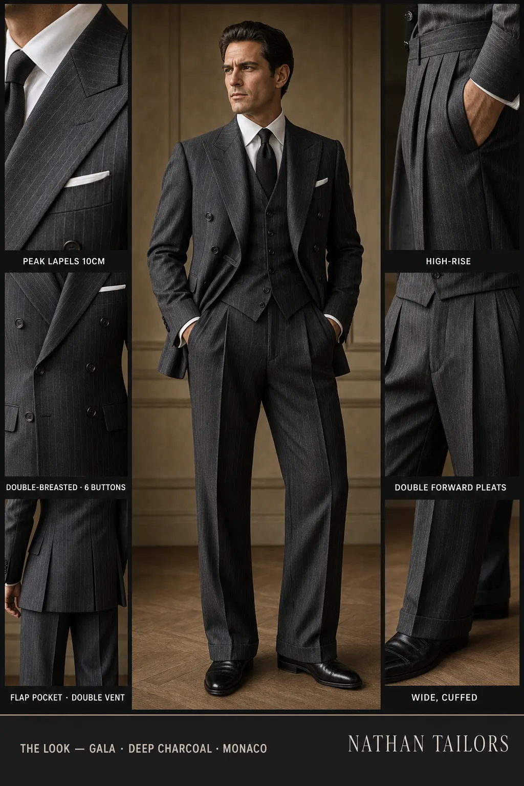deep charcoal pinstripe double-breasted peak-lapel bespoke suit — AI-rendered by Nathan Tailors, the Hoi An custom tailor. Available as a custom tailored suit from $149.