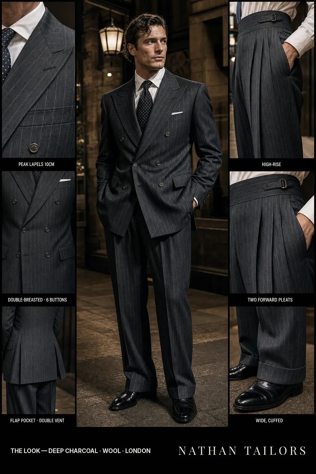 deep charcoal pinstripe double-breasted peak-lapel bespoke suit โ AI-rendered by Nathan Tailors, the Hoi An custom tailor. Available as a custom tailored suit from $149.