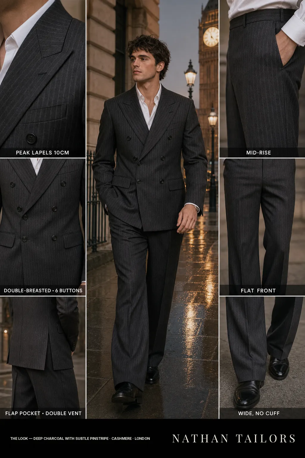 deep charcoal with subtle pinstripe pinstripe double-breasted bespoke suit โ custom tailored by Nathan Tailors, the Hoi An custom tailor