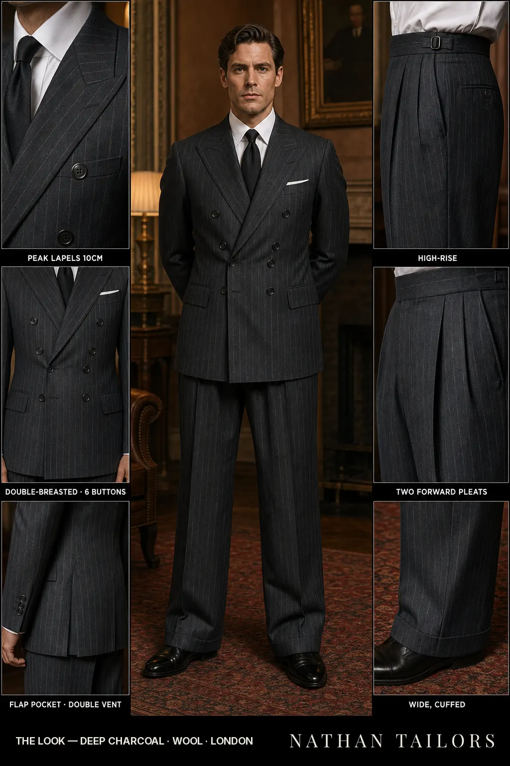 deep charcoal pinstripe double-breasted peak-lapel bespoke suit โ AI-rendered by Nathan Tailors, the Hoi An custom tailor. Available as a custom tailored suit from $149.