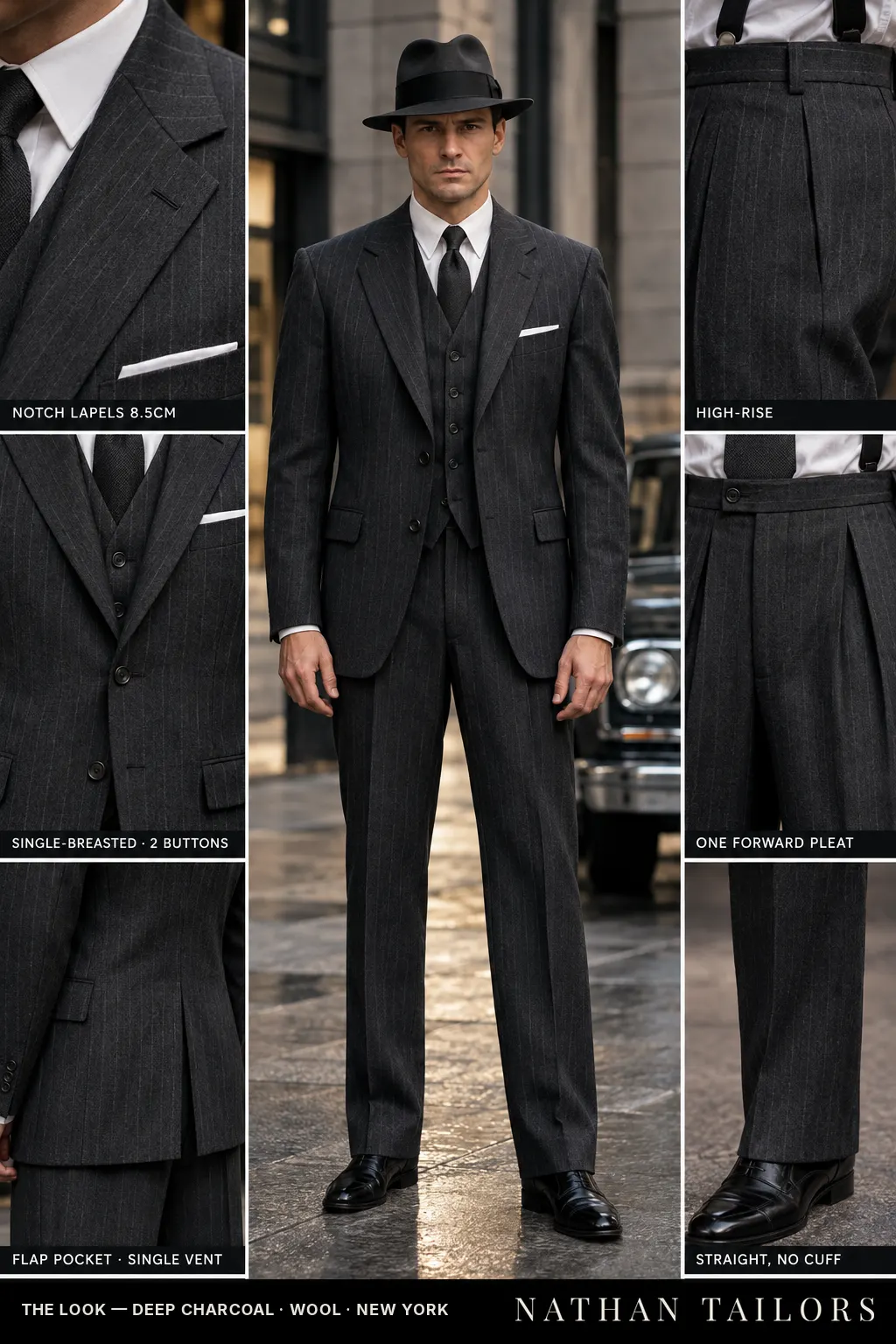 deep charcoal pinstripe single-breasted bespoke suit โ custom tailored by Nathan Tailors, the Hoi An custom tailor