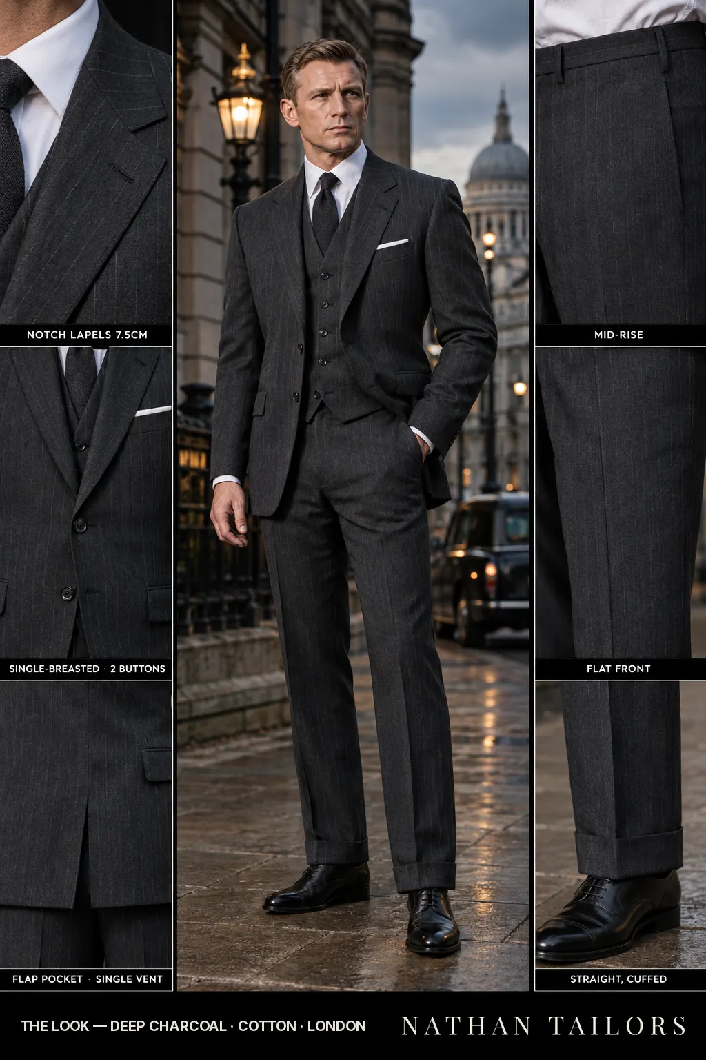 deep charcoal pinstripe single-breasted notch-lapel bespoke suit โ AI-rendered by Nathan Tailors, the Hoi An custom tailor. Available as a custom tailored suit from $149.