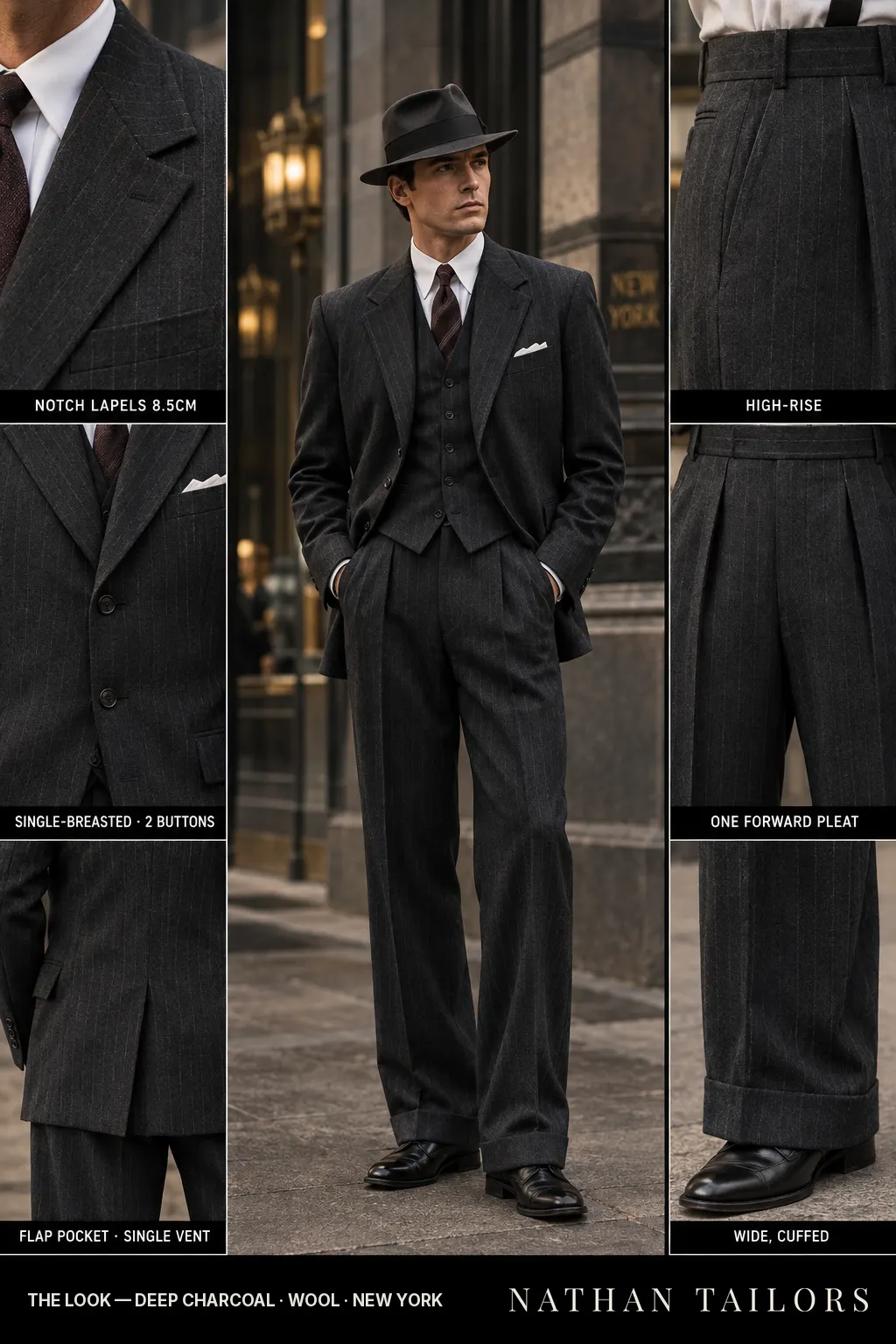 deep charcoal pinstripe single-breasted bespoke suit — custom tailored by Nathan Tailors, the Hoi An custom tailor