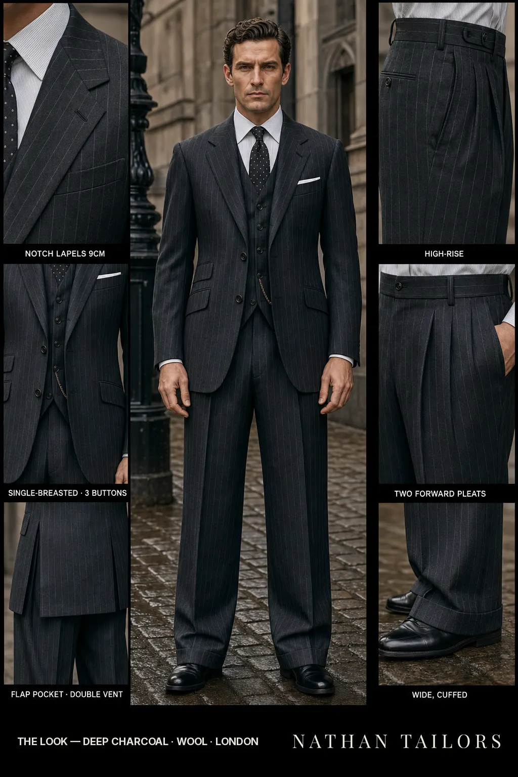 deep charcoal pinstripe single-breasted bespoke suit — custom tailored by Nathan Tailors, the Hoi An custom tailor
