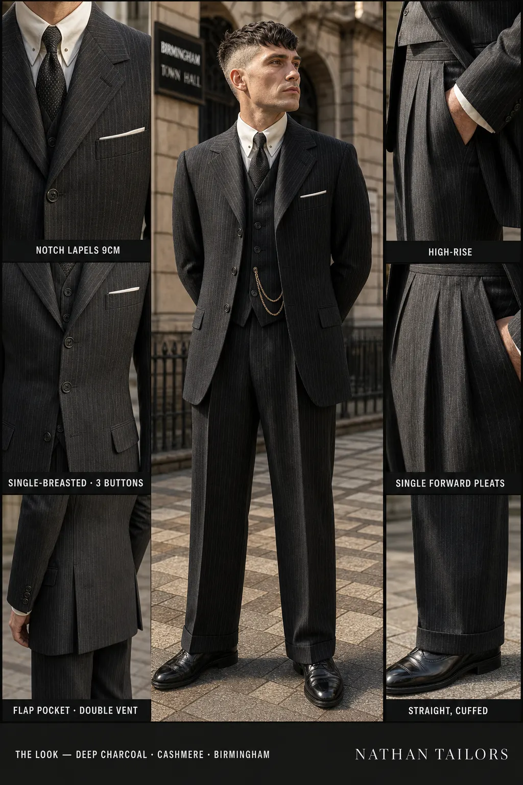 deep charcoal pinstripe single-breasted notch-lapel bespoke suit — AI-rendered by Nathan Tailors, the Hoi An custom tailor. Available as a custom tailored suit from $149.