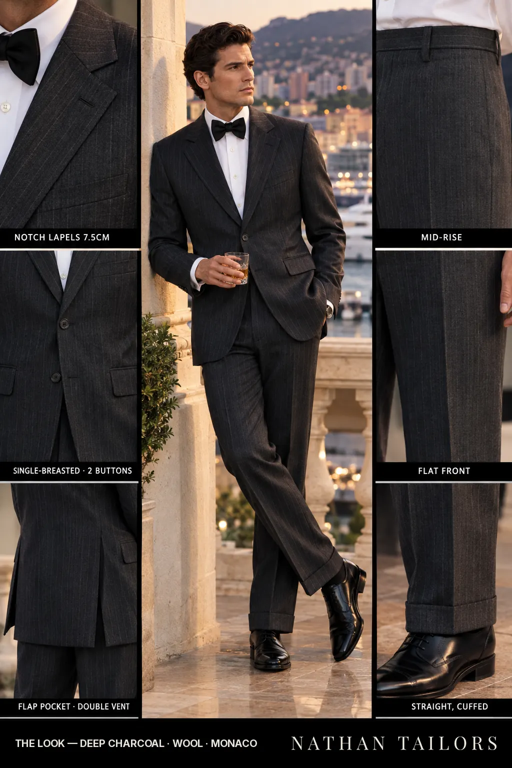 deep charcoal pinstripe single-breasted bespoke suit — custom tailored by Nathan Tailors, the Hoi An custom tailor