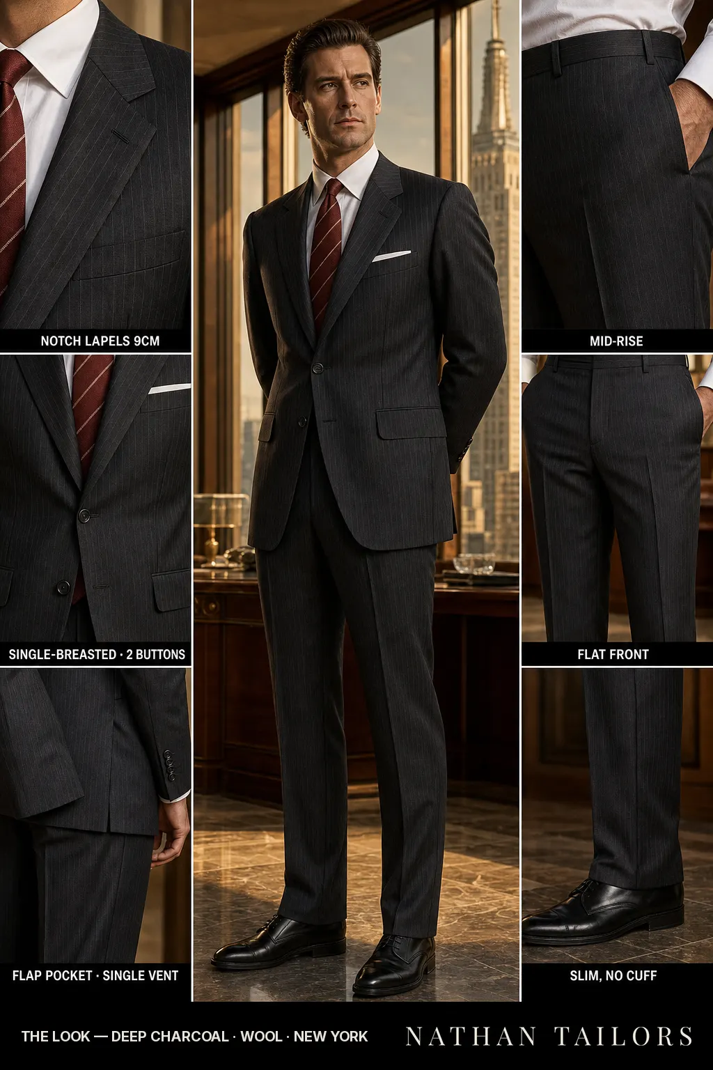 deep charcoal pinstripe single-breasted notch-lapel bespoke suit — AI-rendered by Nathan Tailors, the Hoi An custom tailor. Available as a custom tailored suit from $149.