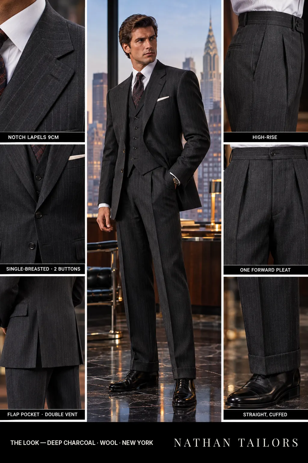 deep charcoal pinstripe single-breasted bespoke suit — custom tailored by Nathan Tailors, the Hoi An custom tailor