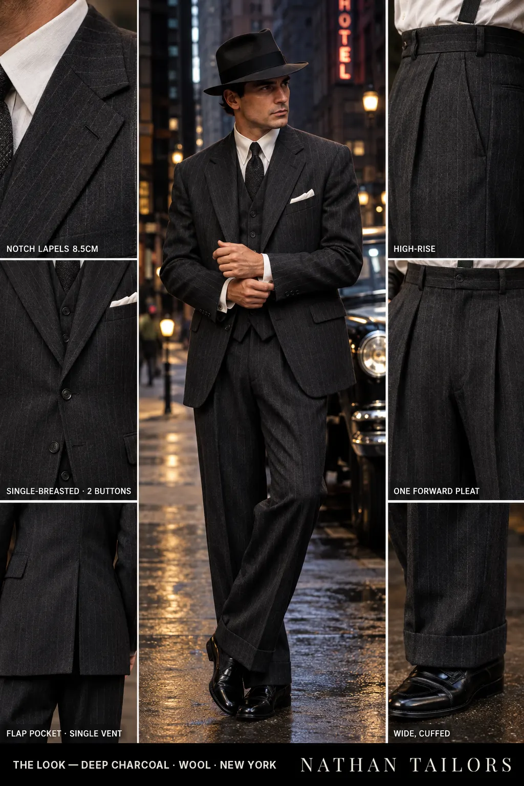 deep charcoal pinstripe single-breasted bespoke suit — custom tailored by Nathan Tailors, the Hoi An custom tailor