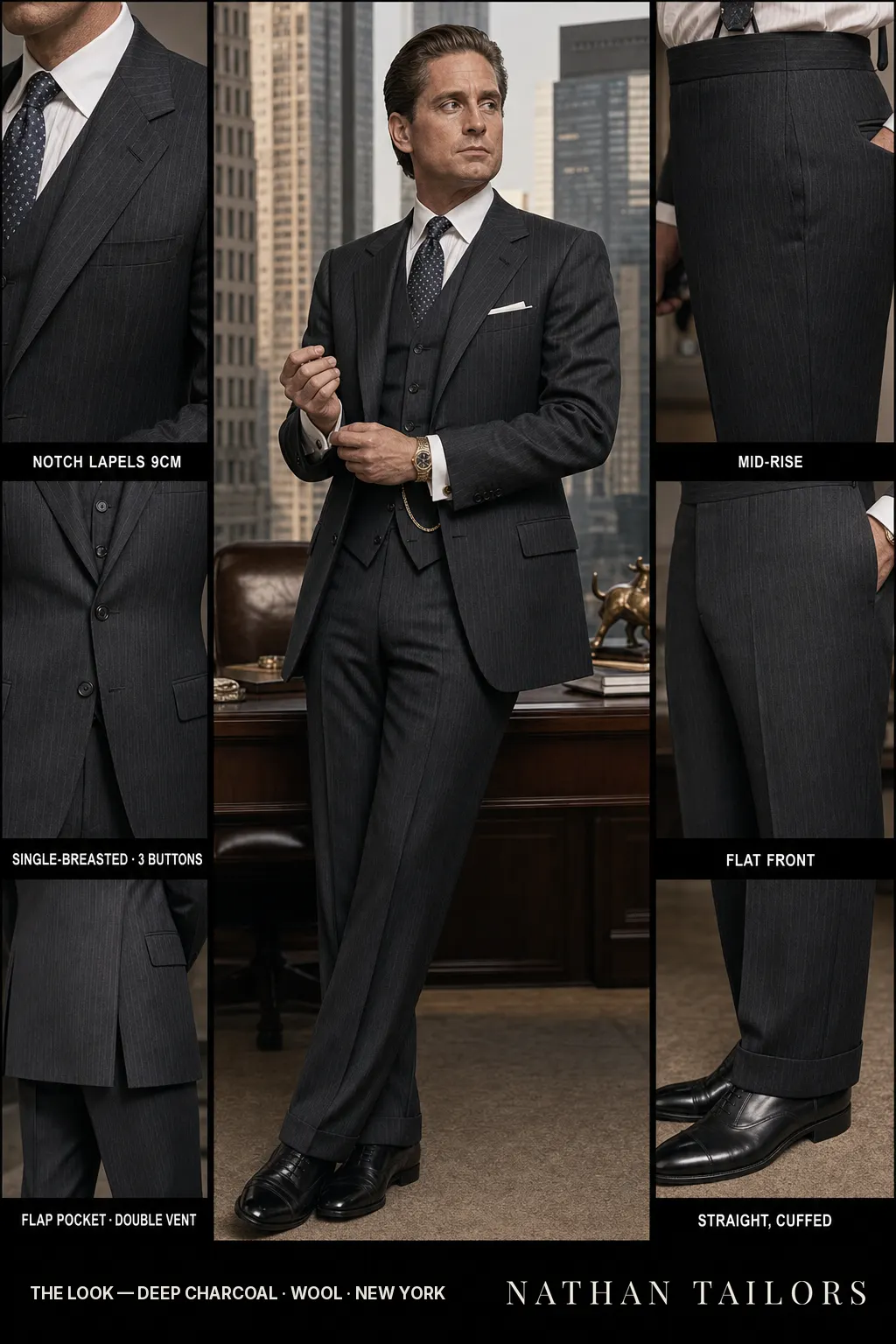 deep charcoal pinstripe single-breasted bespoke suit — custom tailored by Nathan Tailors, the Hoi An custom tailor