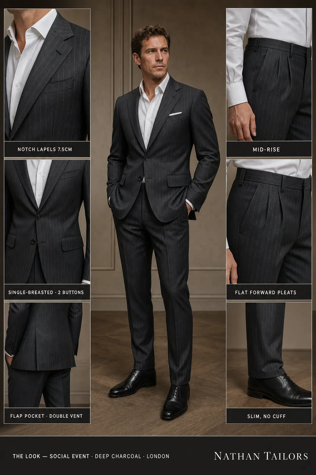 deep charcoal pinstripe single-breasted notch-lapel bespoke suit — AI-rendered by Nathan Tailors, the Hoi An custom tailor. Available as a custom tailored suit from $149.