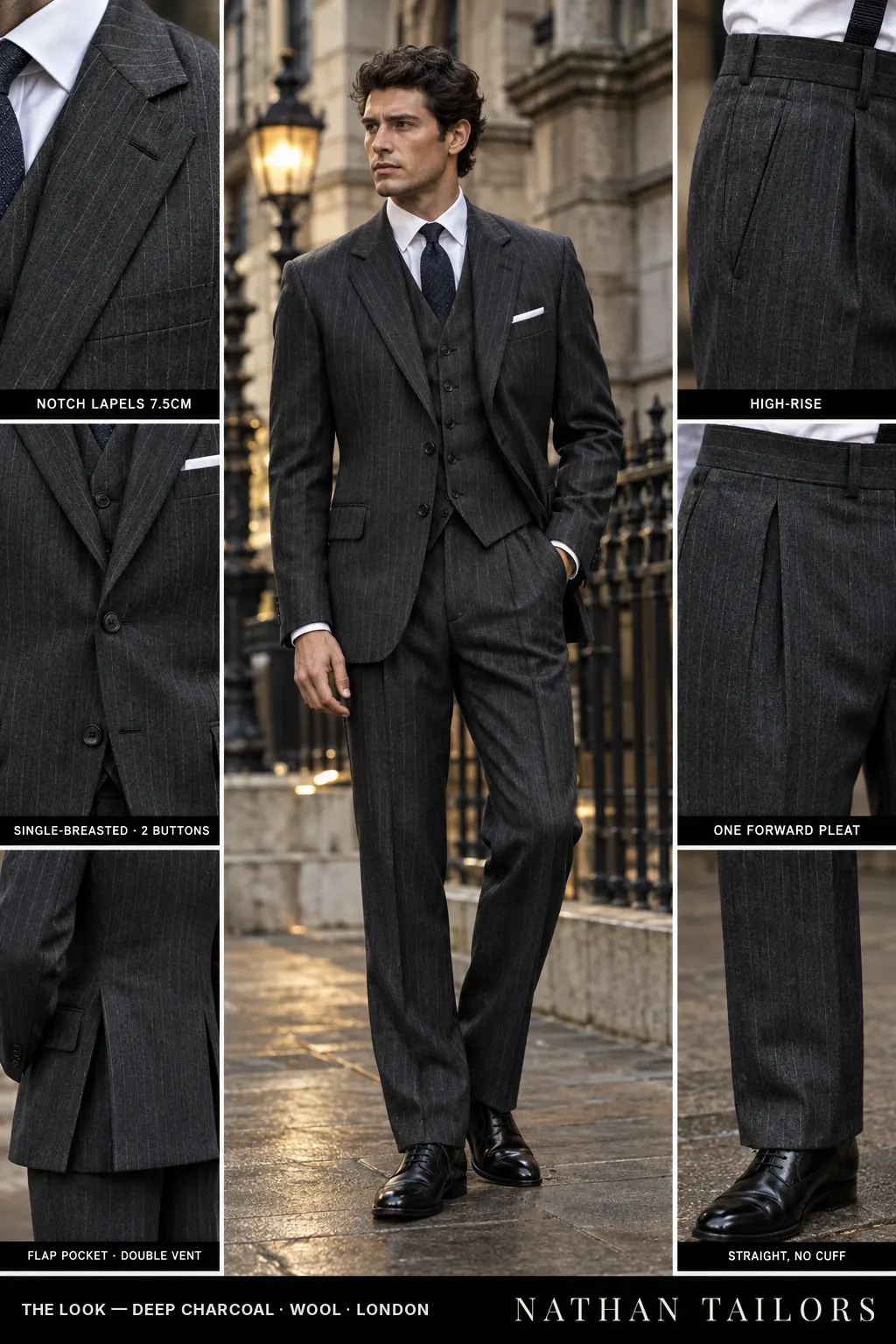 deep charcoal pinstripe single-breasted bespoke suit — custom tailored by Nathan Tailors, the Hoi An custom tailor