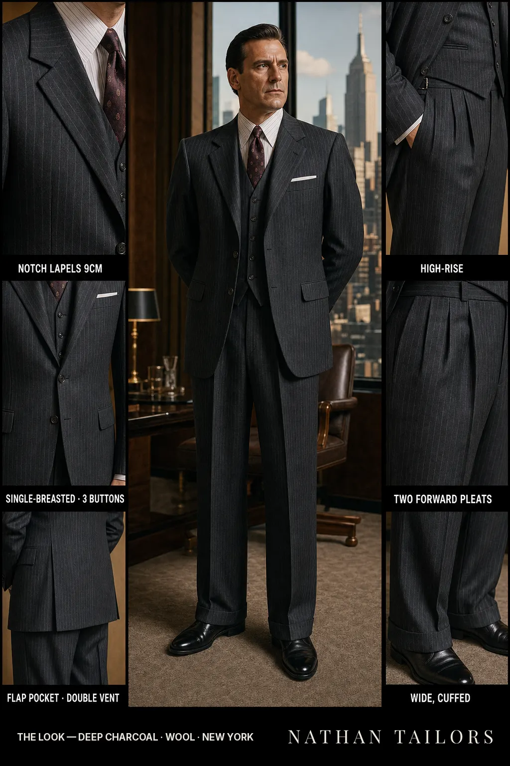deep charcoal pinstripe single-breasted bespoke suit — custom tailored by Nathan Tailors, the Hoi An custom tailor