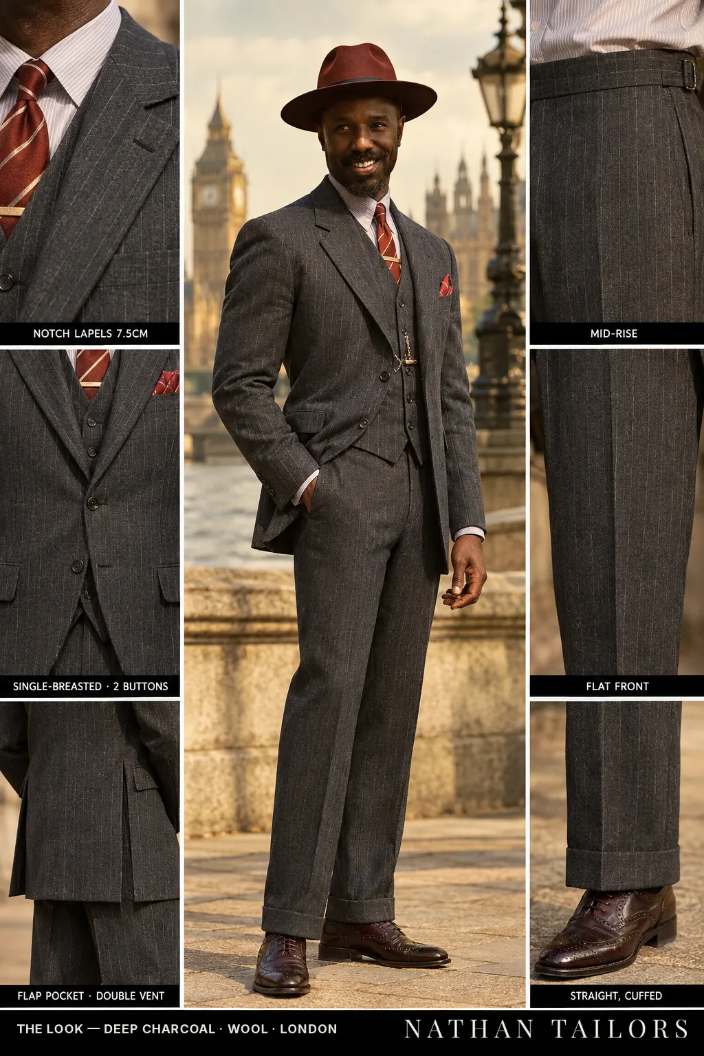 deep charcoal pinstripe single-breasted notch-lapel bespoke suit โ AI-rendered by Nathan Tailors, the Hoi An custom tailor. Available as a custom tailored suit from $149.