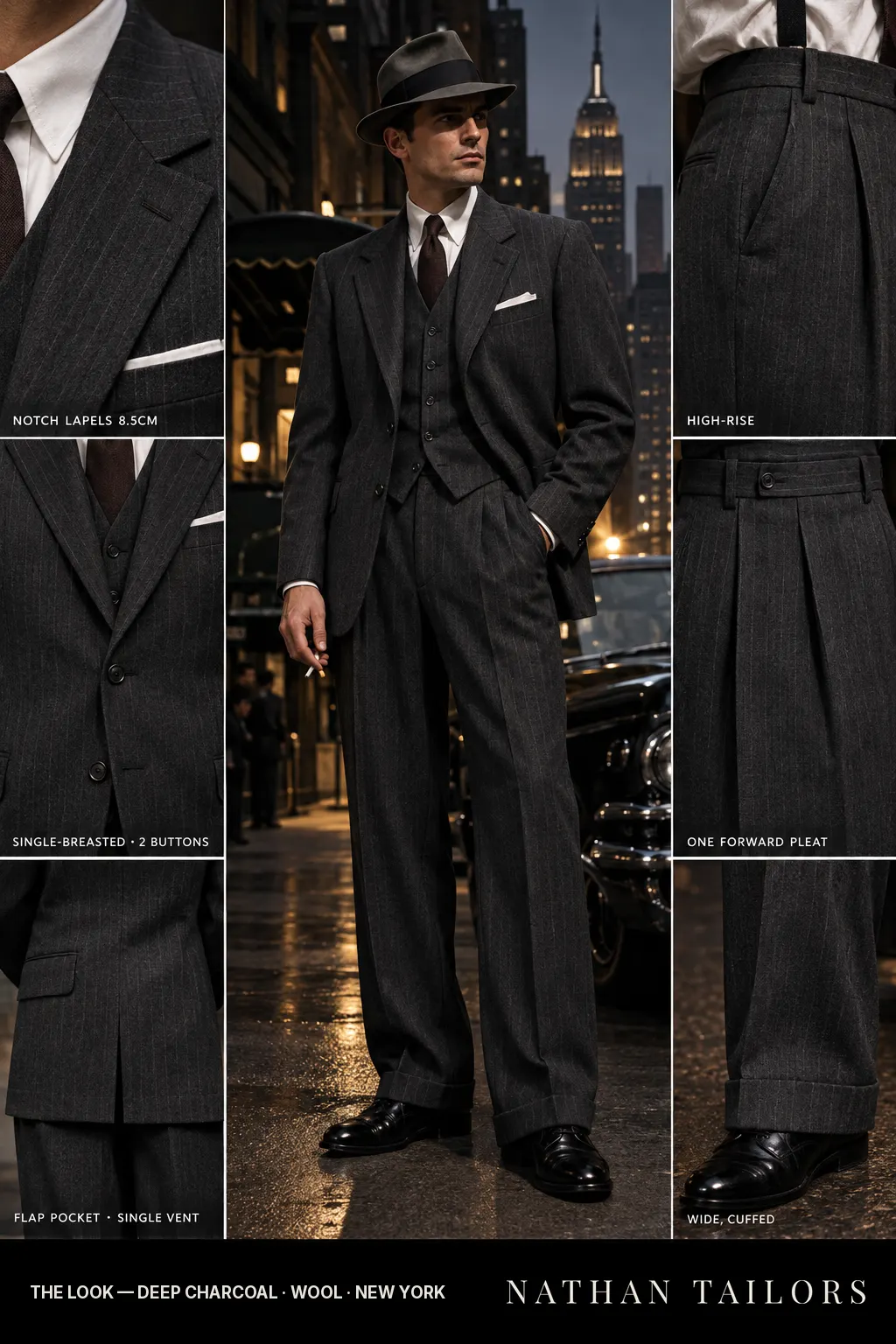 deep charcoal pinstripe single-breasted notch-lapel bespoke suit โ AI-rendered by Nathan Tailors, the Hoi An custom tailor. Available as a custom tailored suit from $149.
