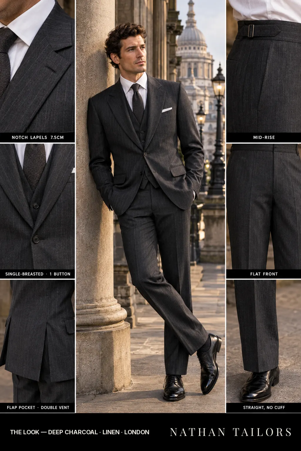 deep charcoal pinstripe single-breasted bespoke suit โ custom tailored by Nathan Tailors, the Hoi An custom tailor