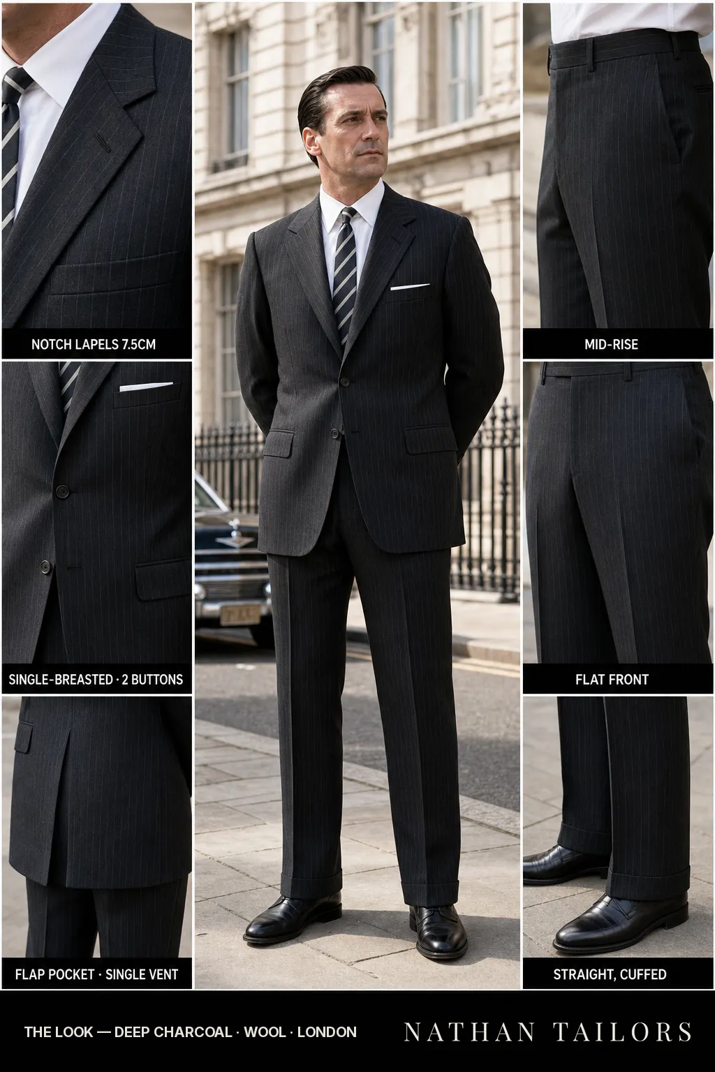 deep charcoal pinstripe single-breasted bespoke suit — custom tailored by Nathan Tailors, the Hoi An custom tailor
