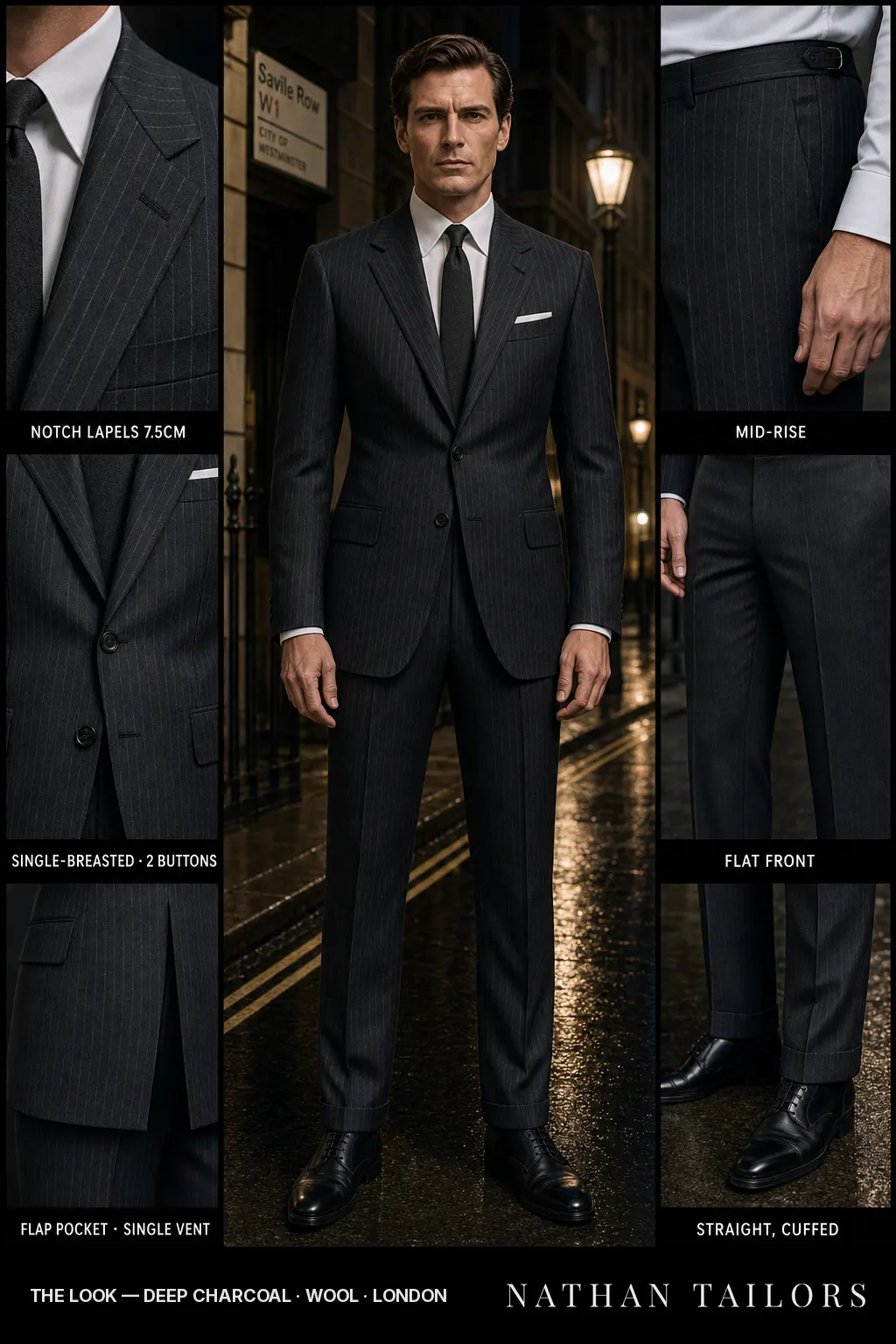 deep charcoal pinstripe single-breasted bespoke suit โ custom tailored by Nathan Tailors, the Hoi An custom tailor