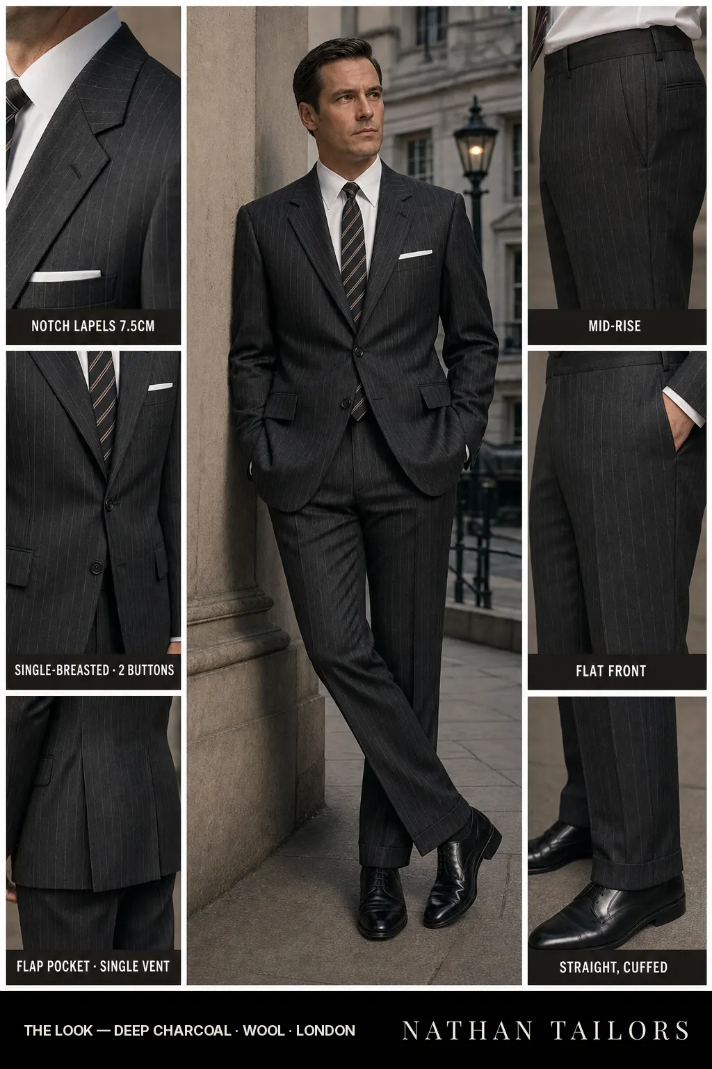 deep charcoal pinstripe single-breasted bespoke suit — custom tailored by Nathan Tailors, the Hoi An custom tailor