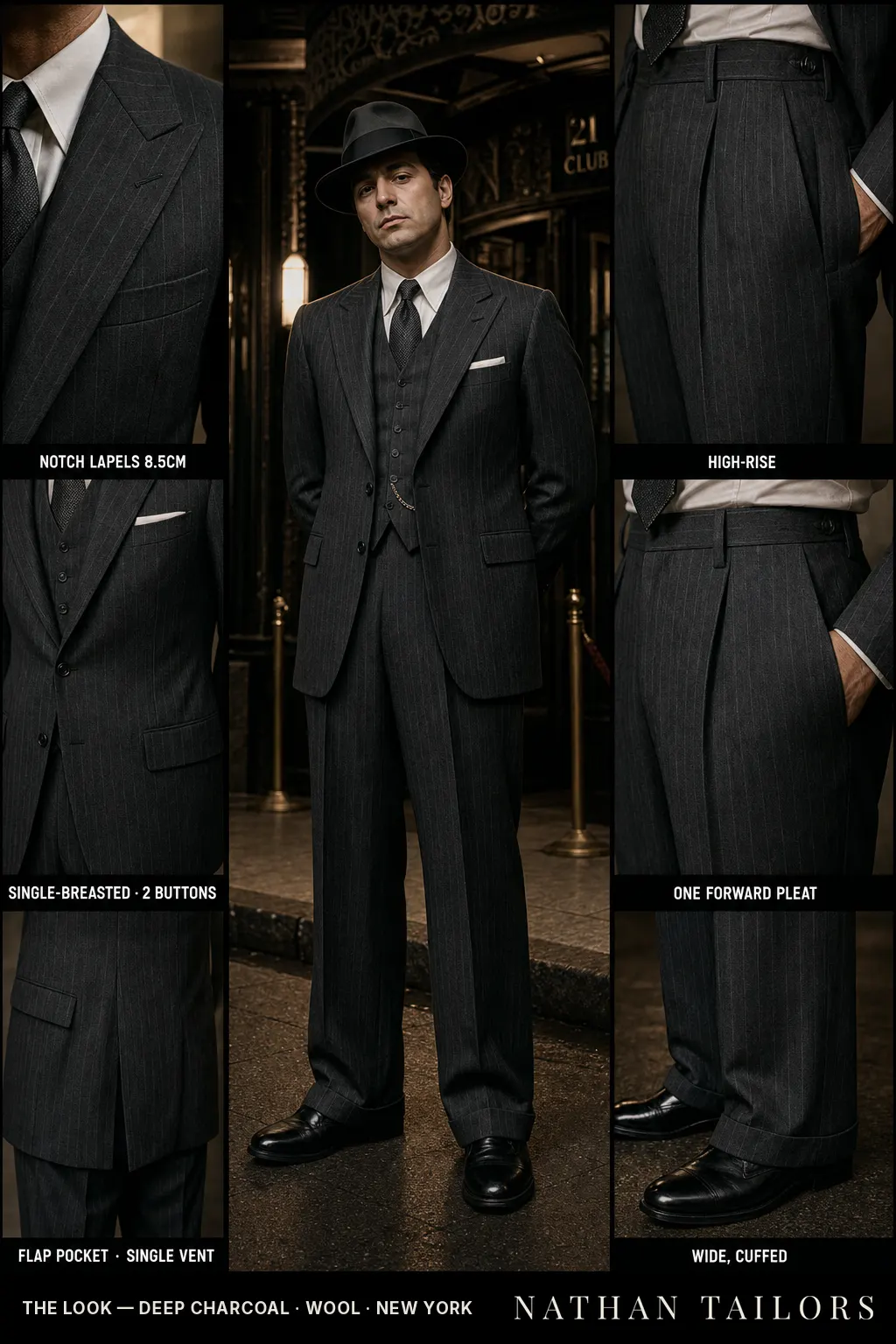 deep charcoal pinstripe single-breasted notch-lapel bespoke suit — AI-rendered by Nathan Tailors, the Hoi An custom tailor. Available as a custom tailored suit from $149.