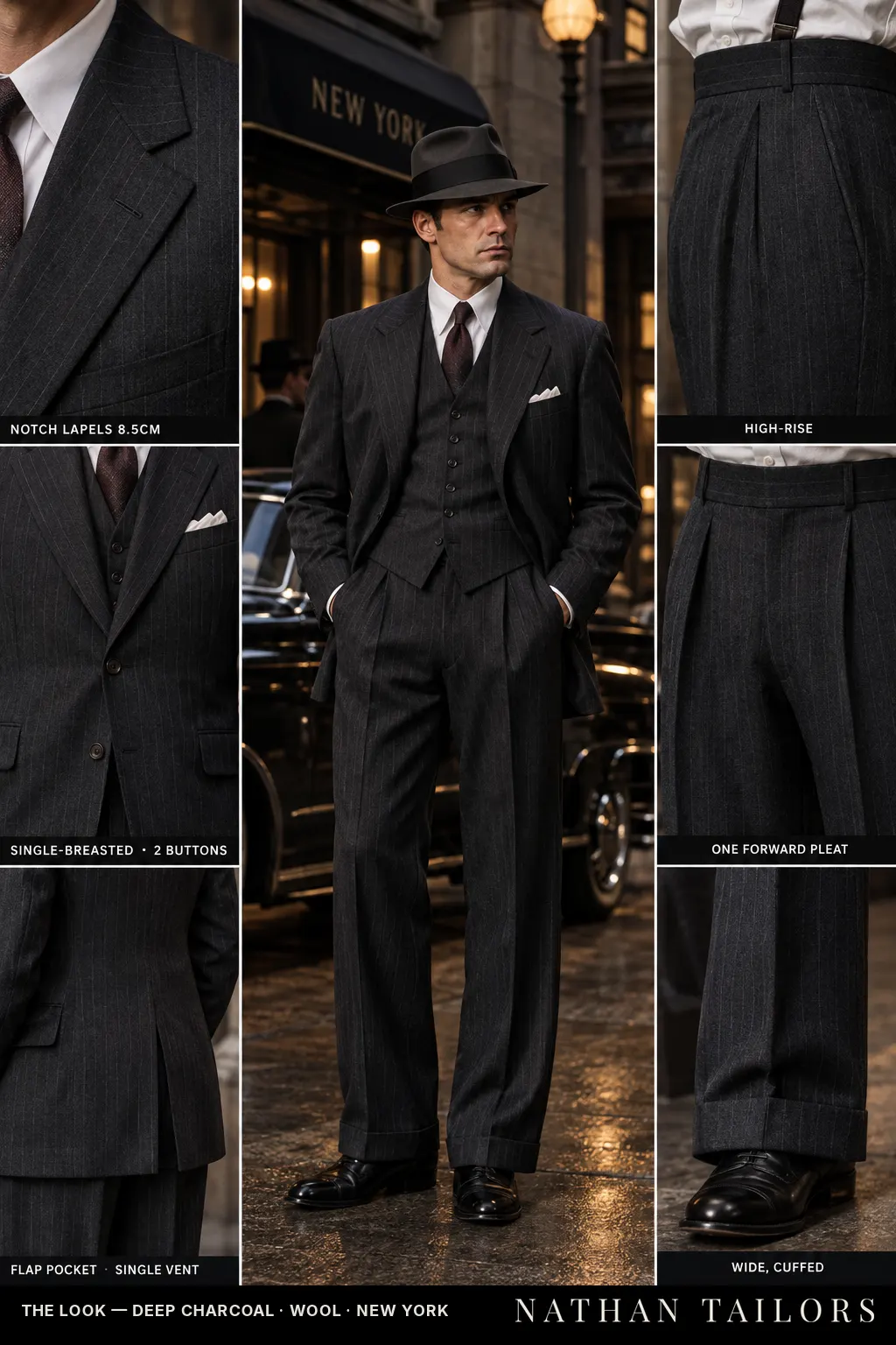 deep charcoal pinstripe single-breasted bespoke suit โ custom tailored by Nathan Tailors, the Hoi An custom tailor