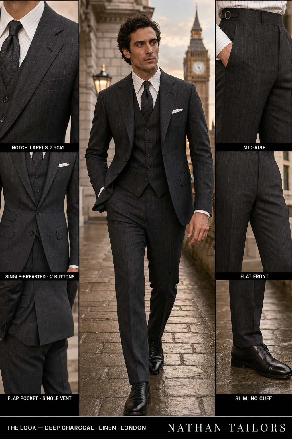 deep charcoal pinstripe single-breasted notch-lapel bespoke suit โ AI-rendered by Nathan Tailors, the Hoi An custom tailor. Available as a custom tailored suit from $149.