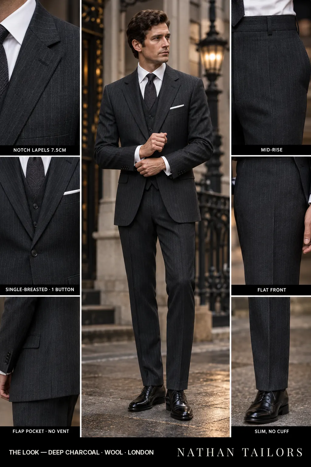 deep charcoal pinstripe single-breasted bespoke suit โ custom tailored by Nathan Tailors, the Hoi An custom tailor