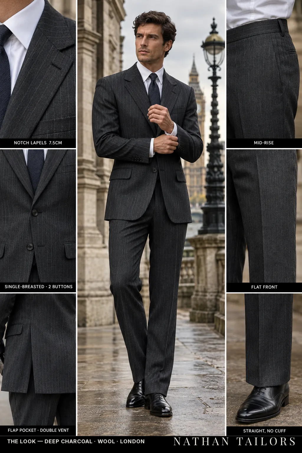 deep charcoal pinstripe single-breasted bespoke suit — custom tailored by Nathan Tailors, the Hoi An custom tailor