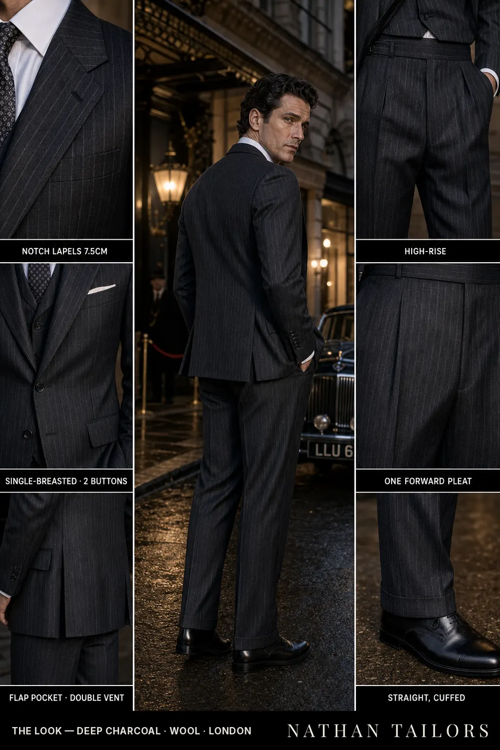 deep charcoal pinstripe single-breasted notch-lapel bespoke suit — AI-rendered by Nathan Tailors, the Hoi An custom tailor. Available as a custom tailored suit from $149.