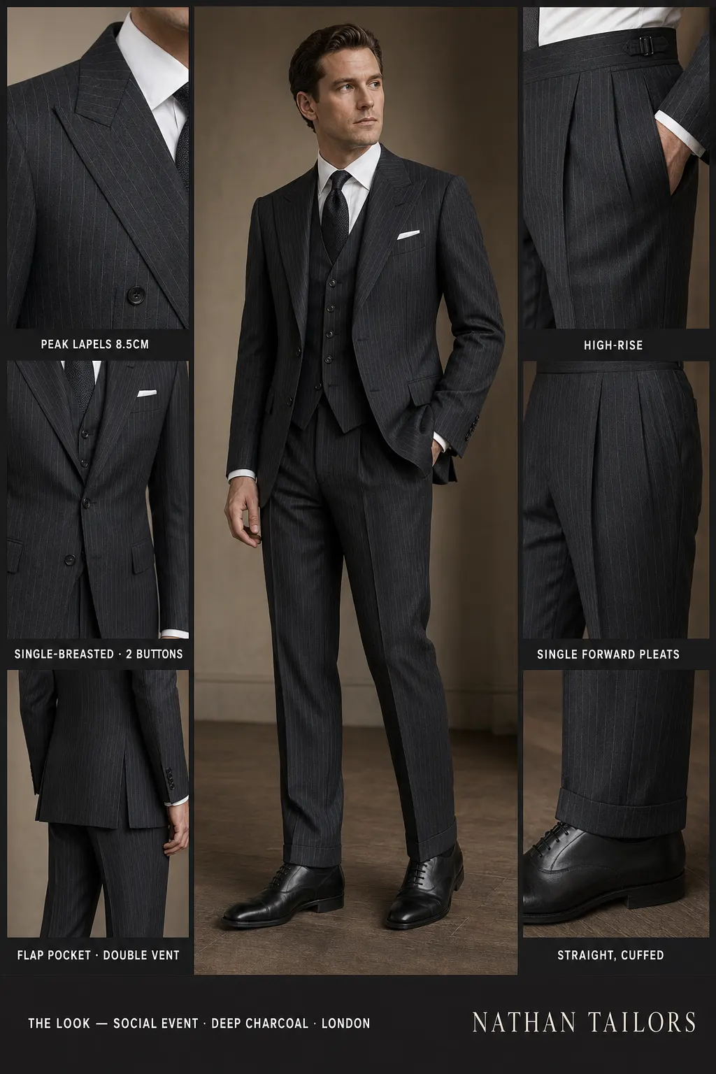 deep charcoal pinstripe single-breasted peak-lapel bespoke suit — AI-rendered by Nathan Tailors, the Hoi An custom tailor. Available as a custom tailored suit from $149.