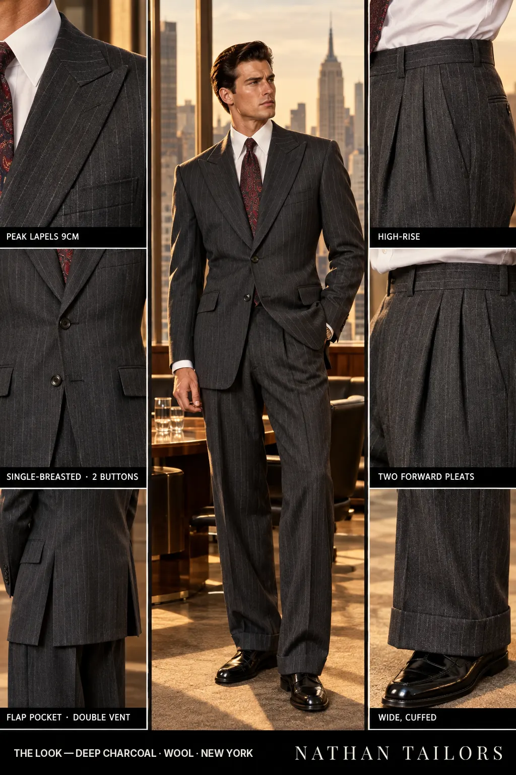 deep charcoal pinstripe single-breasted bespoke suit โ custom tailored by Nathan Tailors, the Hoi An custom tailor