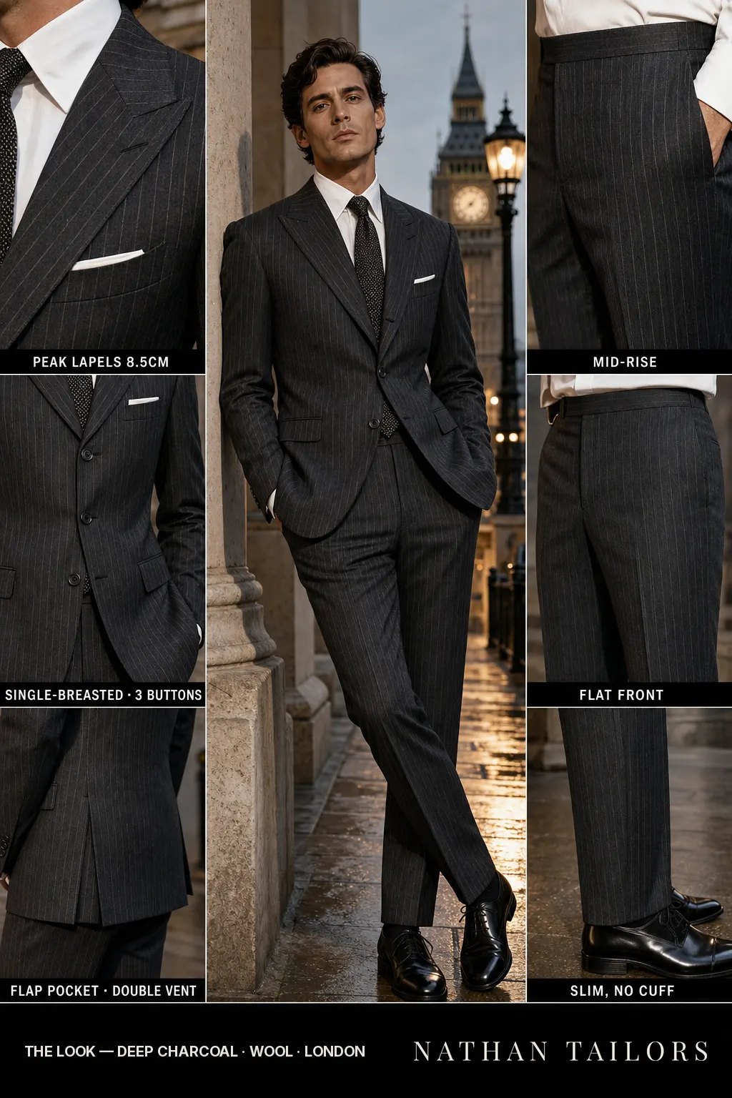 deep charcoal pinstripe single-breasted peak-lapel bespoke suit โ AI-rendered by Nathan Tailors, the Hoi An custom tailor. Available as a custom tailored suit from $169.