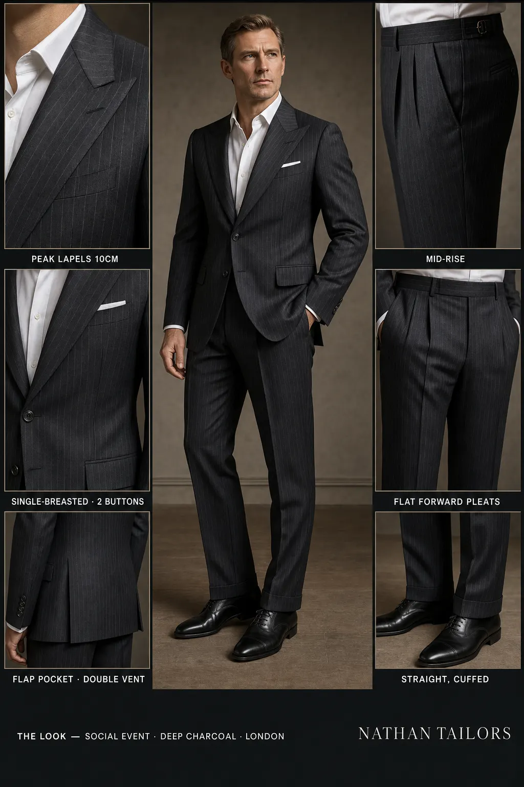 deep charcoal pinstripe single-breasted peak-lapel bespoke suit โ AI-rendered by Nathan Tailors, the Hoi An custom tailor. Available as a custom tailored suit from $149.