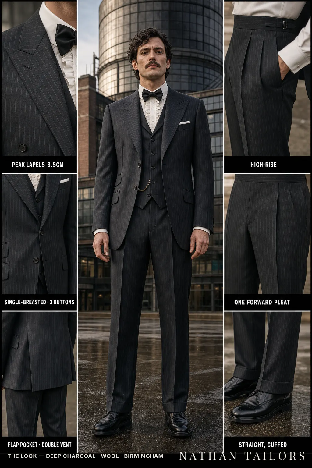 deep charcoal pinstripe single-breasted peak-lapel bespoke suit — AI-rendered by Nathan Tailors, the Hoi An custom tailor. Available as a custom tailored suit from $149.
