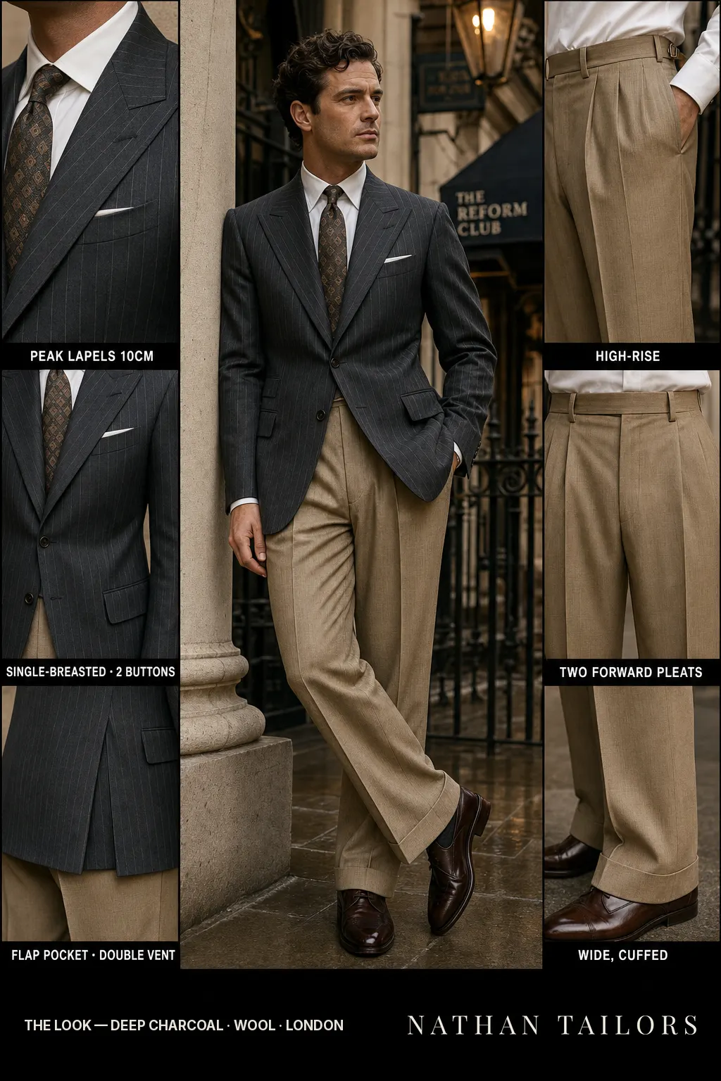 deep charcoal pinstripe single-breasted peak-lapel bespoke suit — AI-rendered by Nathan Tailors, the Hoi An custom tailor. Available as a custom tailored suit from $149.