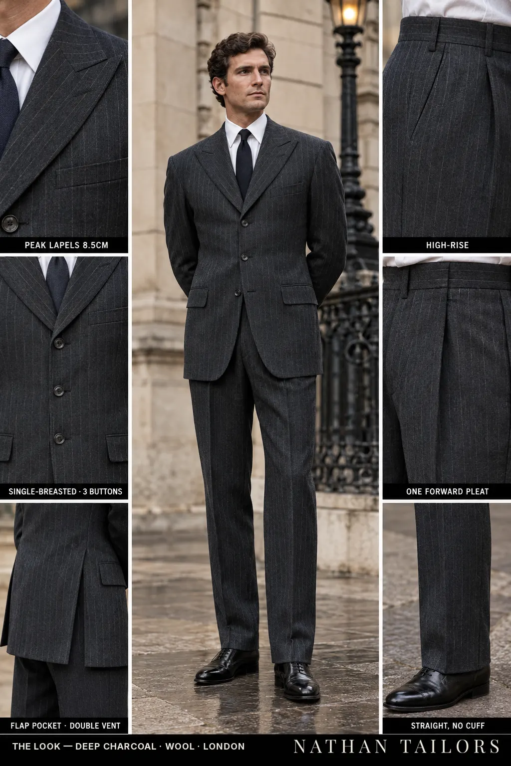 deep charcoal pinstripe single-breasted bespoke suit โ custom tailored by Nathan Tailors, the Hoi An custom tailor
