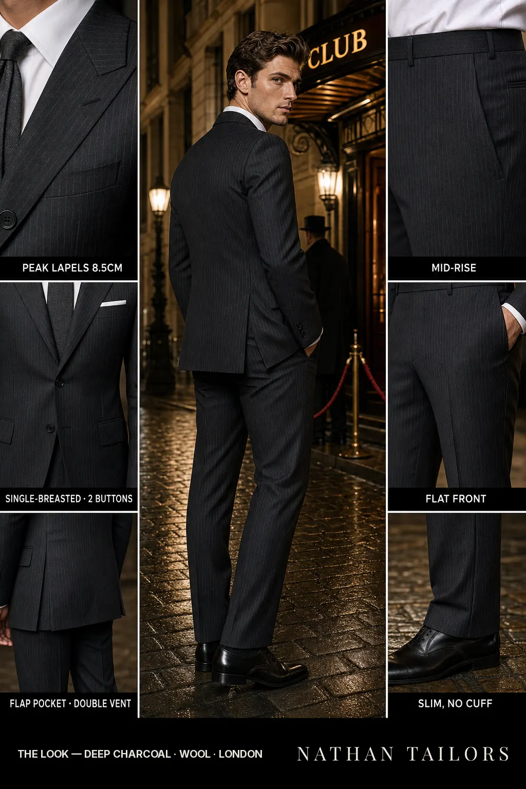 deep charcoal pinstripe single-breasted peak-lapel bespoke suit โ AI-rendered by Nathan Tailors, the Hoi An custom tailor. Available as a custom tailored suit from $169.