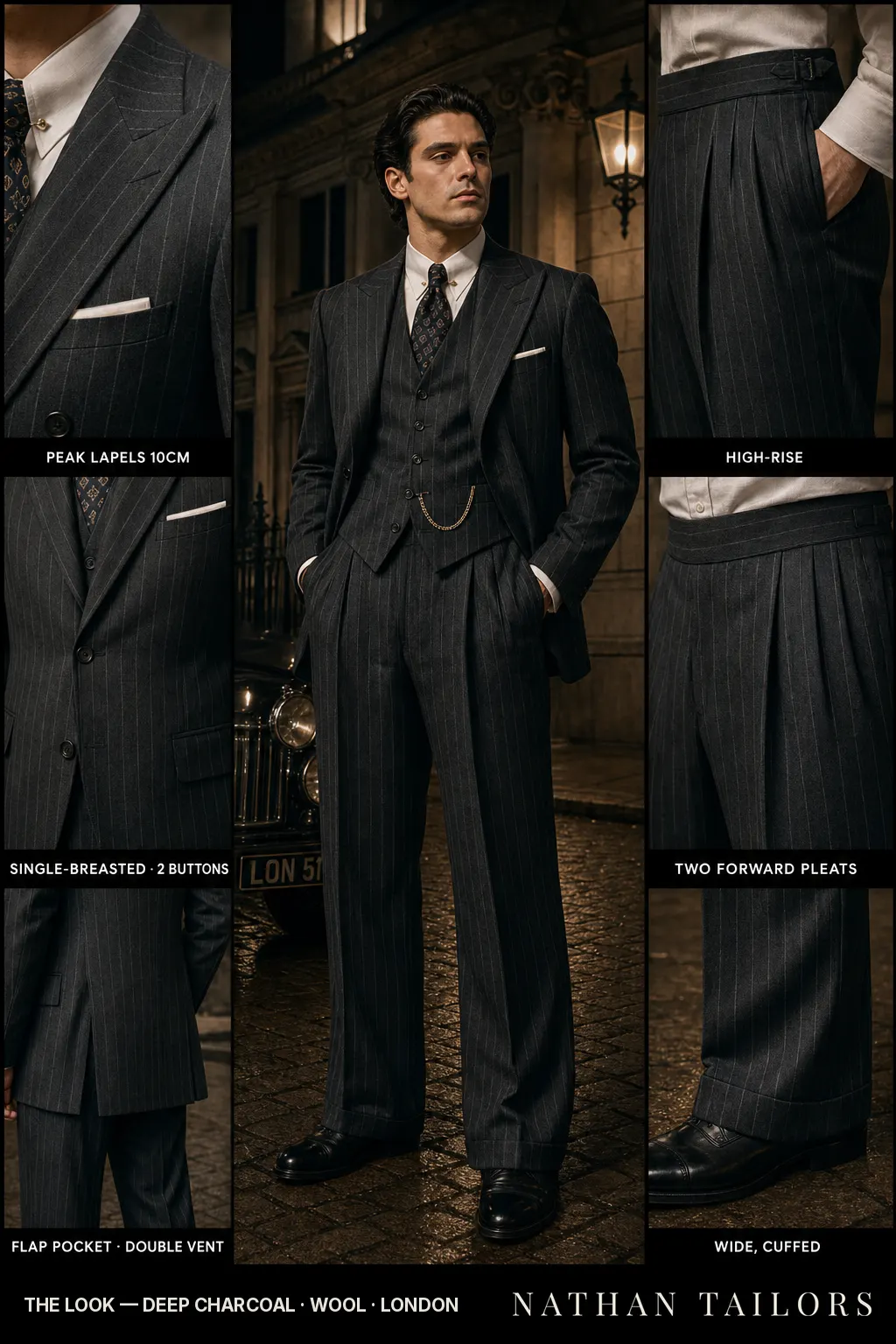 deep charcoal pinstripe single-breasted peak-lapel bespoke suit — AI-rendered by Nathan Tailors, the Hoi An custom tailor. Available as a custom tailored suit from $149.
