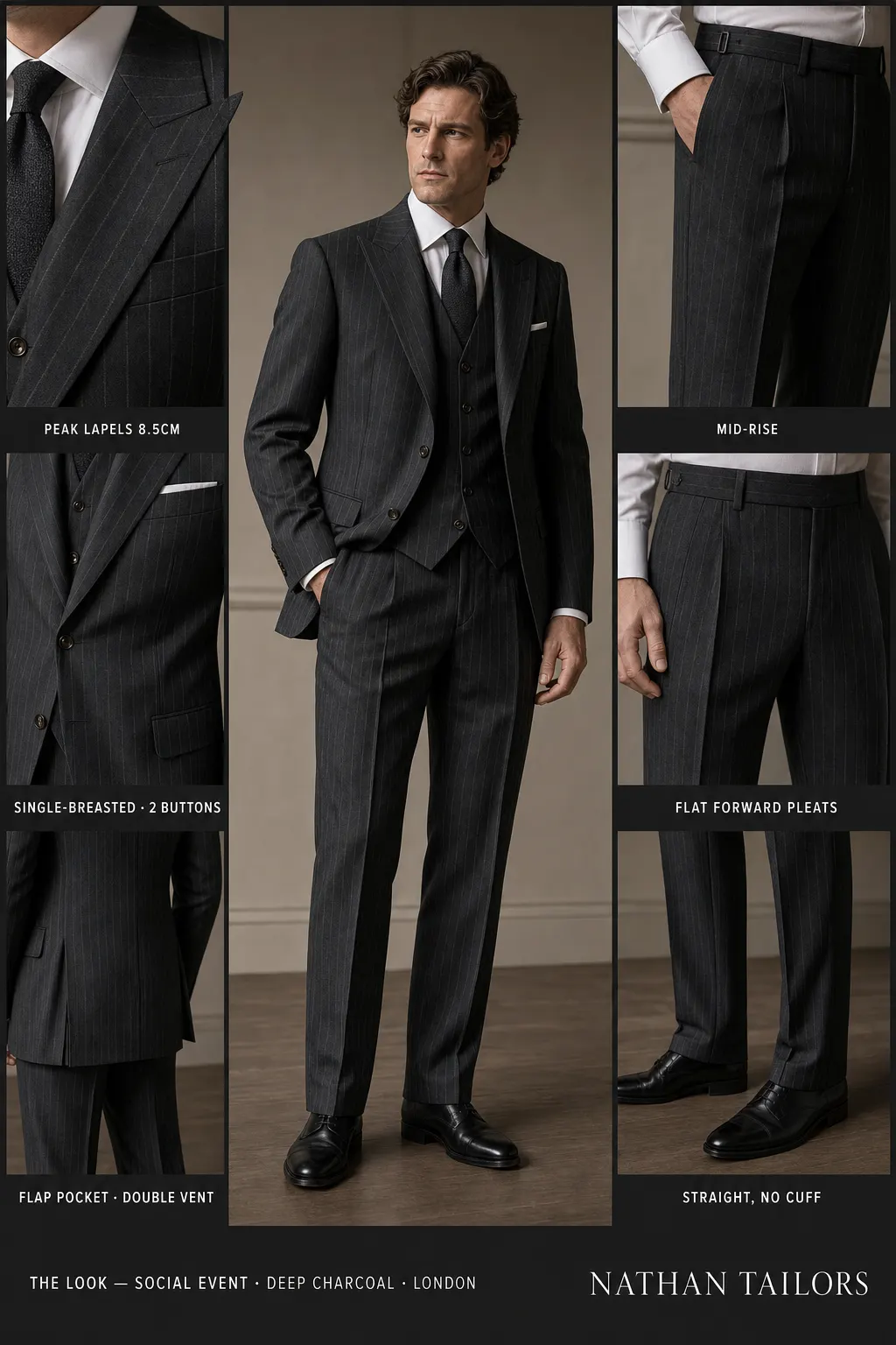 deep charcoal pinstripe single-breasted peak-lapel bespoke suit — AI-rendered by Nathan Tailors, the Hoi An custom tailor. Available as a custom tailored suit from $149.