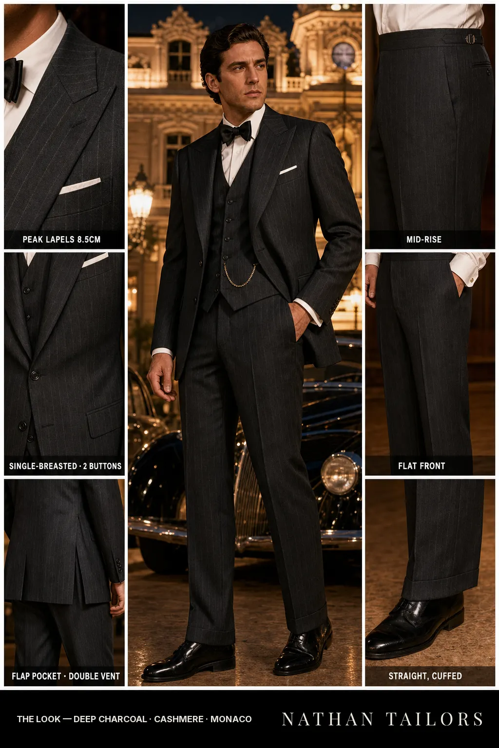 deep charcoal pinstripe single-breasted peak-lapel bespoke suit — AI-rendered by Nathan Tailors, the Hoi An custom tailor. Available as a custom tailored suit from $149.