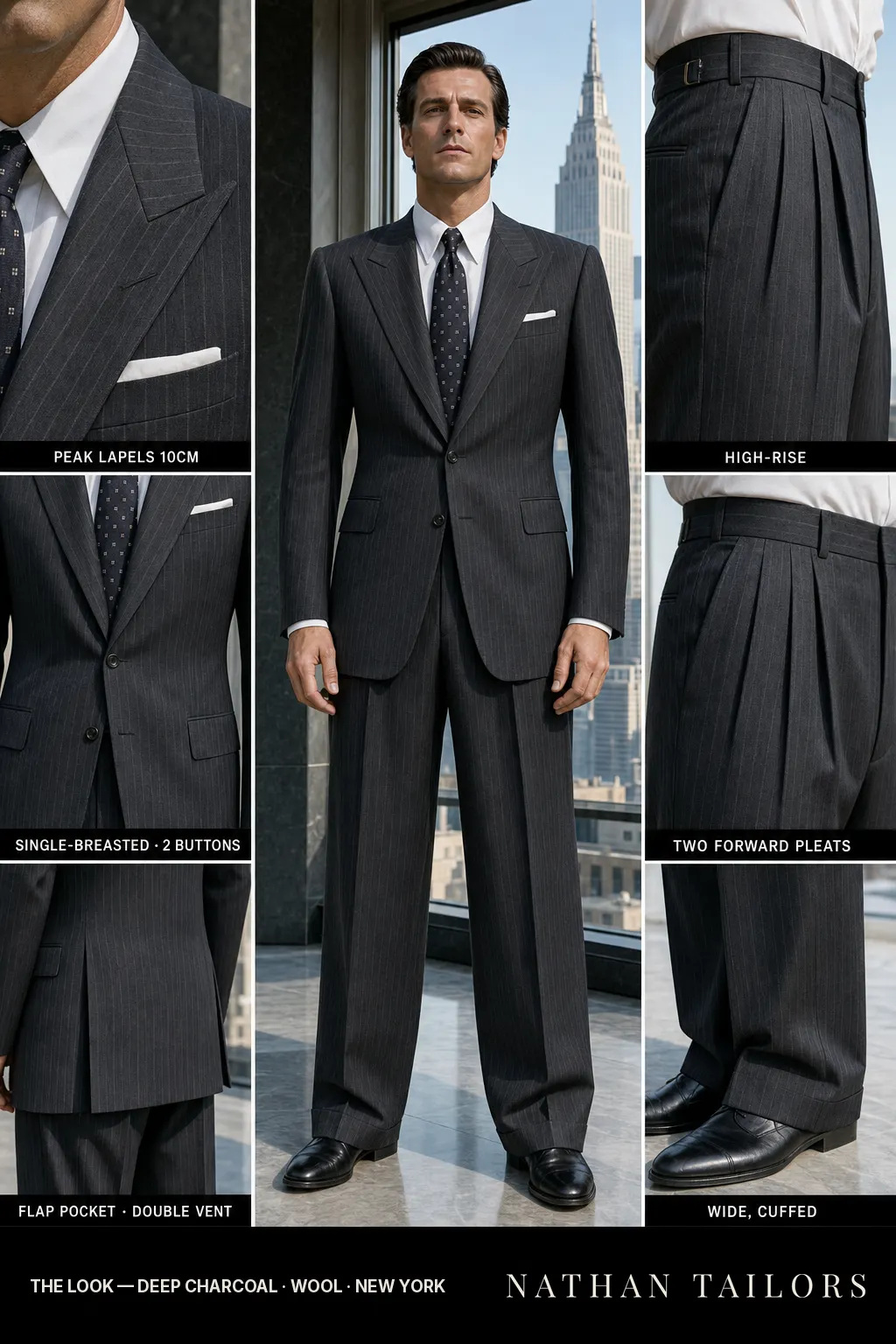 deep charcoal pinstripe single-breasted peak-lapel bespoke suit — AI-rendered by Nathan Tailors, the Hoi An custom tailor. Available as a custom tailored suit from $149.