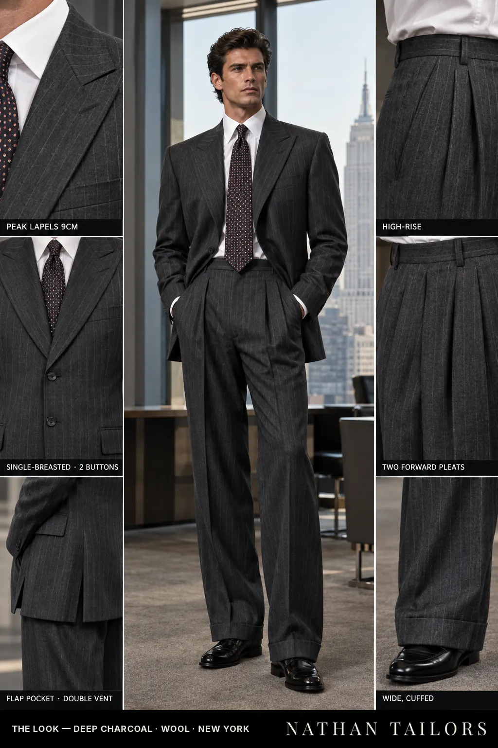 deep charcoal pinstripe single-breasted bespoke suit โ custom tailored by Nathan Tailors, the Hoi An custom tailor