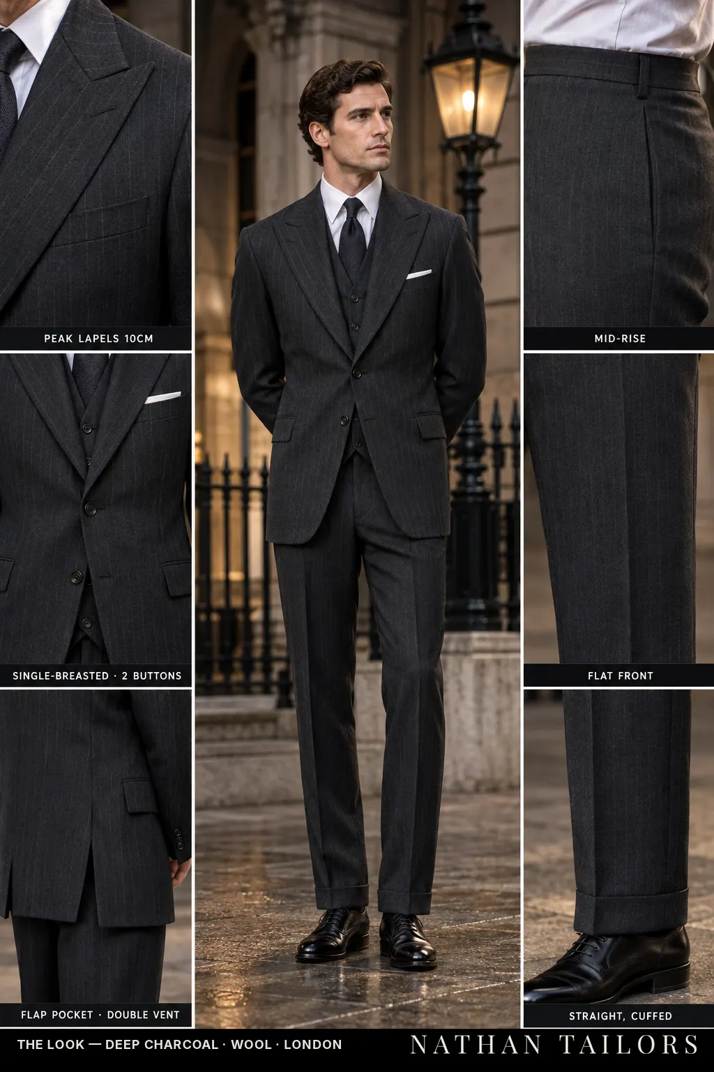 deep charcoal pinstripe single-breasted peak-lapel bespoke suit — AI-rendered by Nathan Tailors, the Hoi An custom tailor. Available as a custom tailored suit from $149.